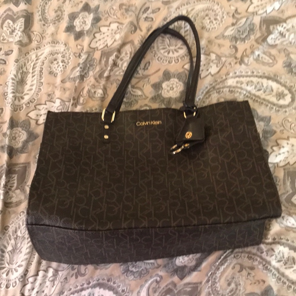 Calvin Klein Monogram CK Signature Brown Satchel Hand-bag Gold Logo